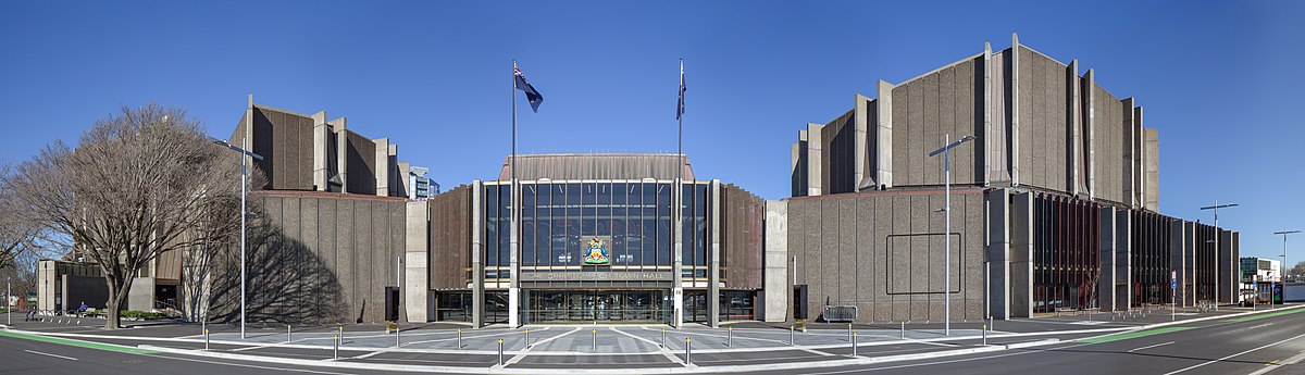 Frontalansicht der Christchurch Town Hall im August 2019