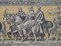 Ернст (електор ,1464 – 1486), Фредерик II (електор, 1428 – 1464) и Албрехт III (от ляво надясно), детайл от „Шествие на князете“ (Дрезден, Германия)