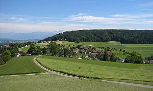 Forch (col à 690 m); vue depuis le Wehrmännerdenkmal en direction du Pfannenstiel.