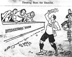 Hand drawn cartoon, titled "Throwing down the Gauntlet". The cartoon depicts three caricatures representing the England, Scotland and Ireland Unions, looking aghast as a figure representing the Welsh Union throws a defiant Gauntlet to the ground. The Welsh Union is applauded by Dame Wales.