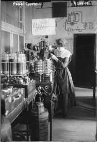 Student Helen Campbell studying radio science in a program started at Hunter College in 1917 by the National League for Women's Service to train female radio operators during World War I. Helen Campbell studying radio science at Hunter College LC-DIG-ggbain-24344.tif