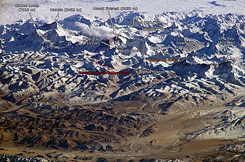 The Himalayan mountain range with Mount Everest.