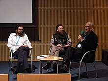 Panel discussion with Greenlandic movie maker Inuk Silis Hoegh at the launch of his movie about groundbreaking Greenlandic band Sume Inuk Silis Hoegh, Tommi Kainulainen - WOMEX 15, Budapest, 2015.10.22 (1).JPG