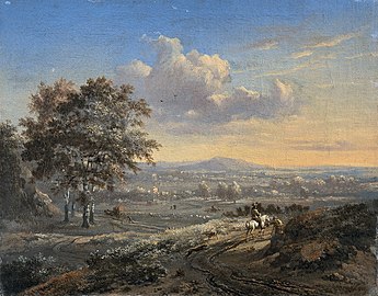 Heuvelachtig landschap met een ruiter op een landweg (1646-1684)