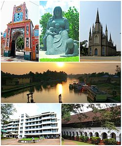 Top to bottom, left to right: MC Mathew memorial at Thirunakkara, Aksharashilpam, Immaculate Heart of Mary Cathedral, Kodimatha Boat Jetty, Kottayam Government Medical College, CMS College Kottayam