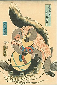 Opičák se snaží chytit sumce do tykve, Kunisada, 1857