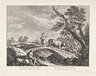 Пейзаж с пастухом и пастушкой со стадом на мосту. Офорт