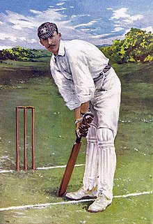 Colour painting of Lionel Palairet prepared to bat.