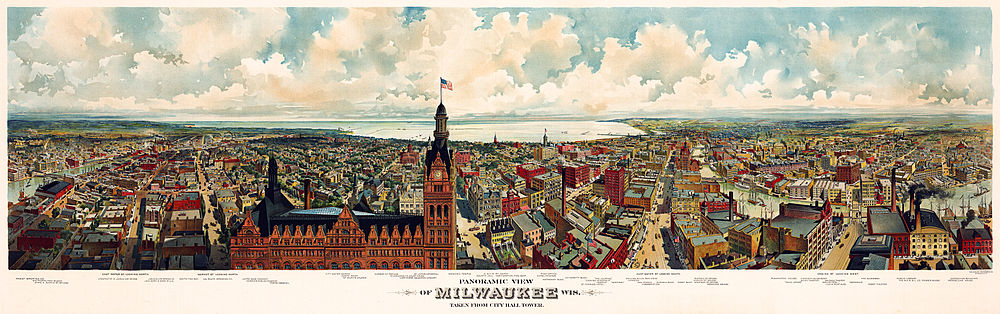 Nejlidnatější wisconsinské město Milwaukee, s budovou radnice v popředí, cca 1898