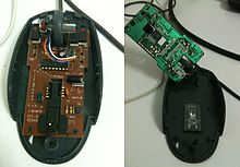 A PCB in a computer mouse: the component side (left) and the printed side (right) Mouse printed circuit board both sides IMG 0959a.JPG