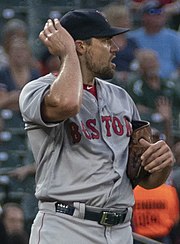 Nathan Eovaldi was the Red Sox' starting pitcher for Opening Day in 2020, 2021, and 2022. Nathan Eovaldi Red Sox.jpg