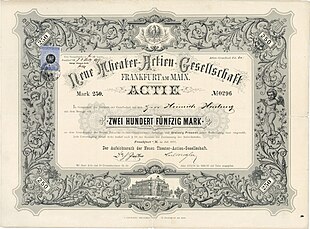 Stichtingsaandeel van de Neue Theater-Aktiengesellschaft in Frankfurt a.M. voor 250 mark, uitgegeven in juli 1877. De overdracht van de Opera en het theater speelhuis aan de maatschappij was gebaseerd op het op 21 februari 1877 met de stad Frankfurt a.M. gesloten contract, dat pas in 1929 na zes verlengingen afliep.