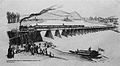 Die erste Nordbahnbrücke über die noch nicht regulierte Donau mit dem Eröffnungszug am 6. Jänner 1838