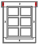 1. Fenster mit überstehenden oberen Ohren. – 1 Ohr, 2 Sturz, 3 Laibung, 4 Fensterbank.