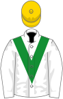 WHITE, green 'v', gold cap