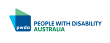 A blue square with PWDA in white text in the middle of the square. People with Disability Australia in large text next to it in blue and green.