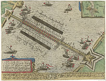 Parma's bridge over the Scheldt in 1584, built of ships. 1616 illustration. Parma's bridge over the Scheldt, built of ships - Schipbrug van Parma over de Schelde.jpg