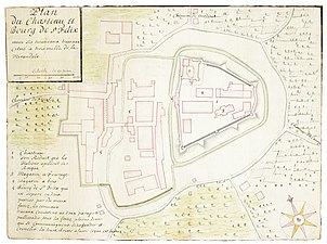 Karte der Burg und der Siedlung von San Felice sul Panaro während des Spanischen Erbfolgekrieges (1705)