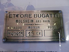 Plaque de numéro de série Bugatti