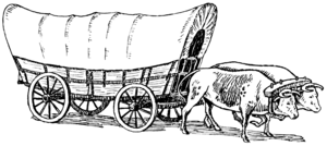 Line art drawing of prairie schooner.