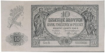 Archiwalna fotokopia projektu 10 złotych 1940