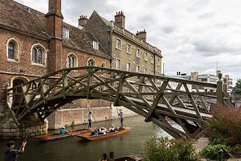 Mathematical Bridge, or officially Wooden Bridge, is an arch bridge in Cambridge, United Kingdom. The arrangement of timbers is a series of tangents that describe the arc of the bridge, with radial members to tie the tangents together and triangulate the structure, making it rigid and self-supporting. Queens' College - Mathematical Bridge.jpg