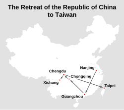 The Nationalists' retreat to Taipei: after the Nationalists lost Nanjing they next moved to Guangzhou, then to Chongqing, Chengdu, and Xichang before arriving in Taipei. ROC Retreat to Taiwan.svg