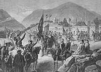 Hadži Lojo felkelést hirdet Szarajevó kapuja előtt (hírlapi illusztráció, 1878)