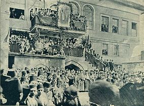 Bulgarian Men's High School of Thessaloniki celebrating Saints Cyril and Methodius Day, c. 1900.