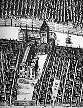 St Giles' in 1647, showing the Tolbooth and Luckenbooths on the north of the church and Parliament House in the kirkyard to its south St. Giles and Parliament House c.1647.JPG