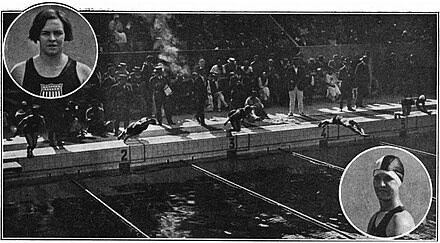 photographie noir et blanc de nageuses plongeant dans une piscine ; deux médaillons-portraits dans les coins