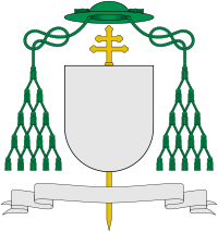 Schéma znaku primase Normandie, není-li kardinálem (zelená barva, patnáct střapců, patriarchální kříž)