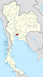 Map of Thailand, with a small highlighted area near the centre of the country, near the coast of the Gulf of Thailand