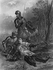 Henry VI, Part 3: Warwick, dying at the Battle of Barnet, speaks his last words. The Death of the Earl of Warwick (frame, bw).jpg