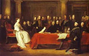 Queen Victoria convened her first Privy Council on the day of her accession in 1837. Victoria Privy Council (Wilke).jpg