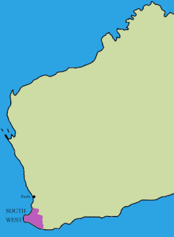 Location of the South West region in Western Australia