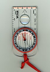 A liquid-filled protractor or orienteering compass with lanyard Walkers compass arp.jpg