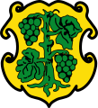 Gemeinde Dingolshausen In Gold eine grüne Weinrebe mit zwei grünen Trauben und zwei grünen Blättern.