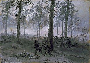 Watercolor shows a soldiers with a Confederate flag advancing through woods against opposing troops.