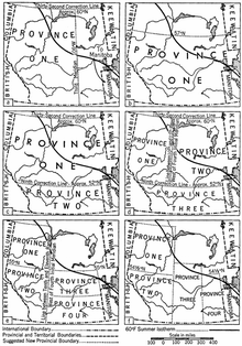 Maps showing proposals the federal government considered when dividing the North-West Territories into provinces.