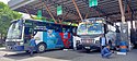 Dua unit bus kota reguler milik perusahaan otobus swasta mengantre jam pemberangkatan di peron Terminal Purabaya, Januari 2021.