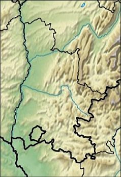 Mapa konturowa Drôme, po lewej nieco u góry znajduje się punkt z opisem „Valence”