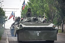 Russian-backed separatist forces during the War in Donbas in 2015 A Russia-backed rebel armored fighting vehicles convoy near Donetsk, Eastern Ukraine, May 30, 2015.jpg