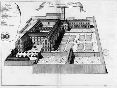 Projet de reconstruction au XVIIe siècle, planche gravée du Monasticon Gallicanum.