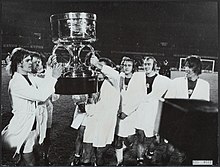 The first official Super Cup trophy was won by Ajax in January 1974. Ajax Amsterdam - 1973 UEFA Super Cup (Amsterdam, 1974, second leg).jpg