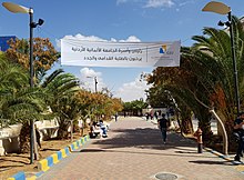 Allee mit Palmen und Willkommensbanner der Universität (Campus Madaba)