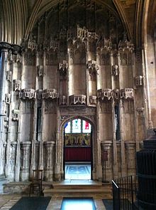 Bishop West's Chantry Chapel. The niche statues were destroyed by his successor, the reformer Bishop Goodrich. Bishop West's Chantry Chapel.jpg