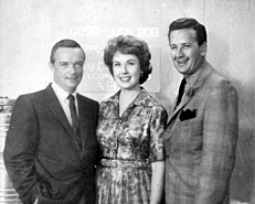 Bob Clayton with WPST-TV's Molly Turner and Cliff Ferre, promoting the ABC game show Make a Face. Bob Clayton, Molly Turner, and Cliff Ferre of Good Morning.jpg