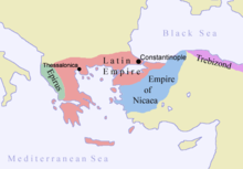 The Latin Empire, Empire of Nicaea, Empire of Trebizond, and the Despotate of Epirus. The borders are very uncertain. Byzantium1204.png