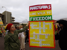 Against the backdrop of Cape Town's Lion's Head and Signal Hill landmarks, pro-legalisation activists at the 2017 Cannabis Walk hold up a placard.